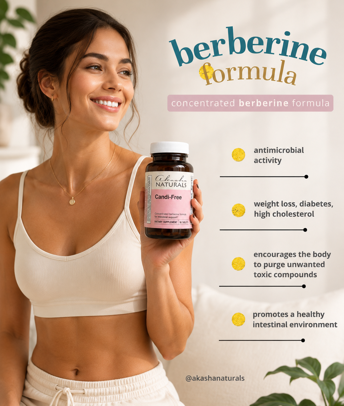 Woman holding a supplement bottle with 'berberine formula' text and benefits listed.